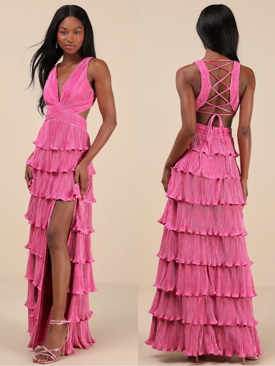 Lulus Dresses & Skirts - Lulu’s XS Beauty Icon pink satin pleated tiered laceup back maxi dress